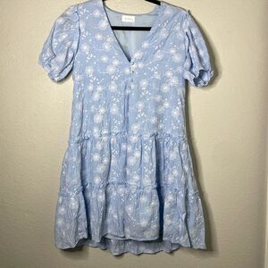 Le Muse Romantic Puff Sleeve Mini Dress - Powder Blue Floral - Cottage Style